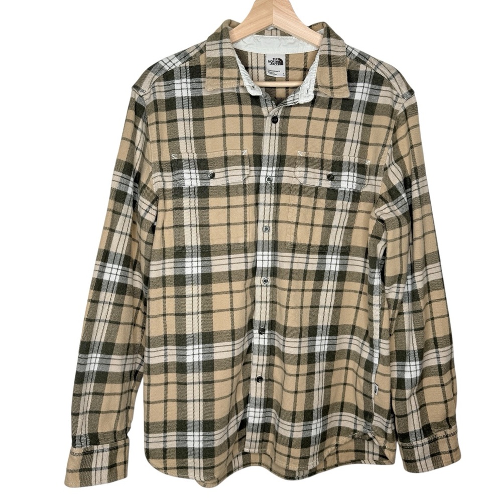 North Face Arroyo Cotton Plaid Flannel Button Down Shirt Olive Green Tan Large